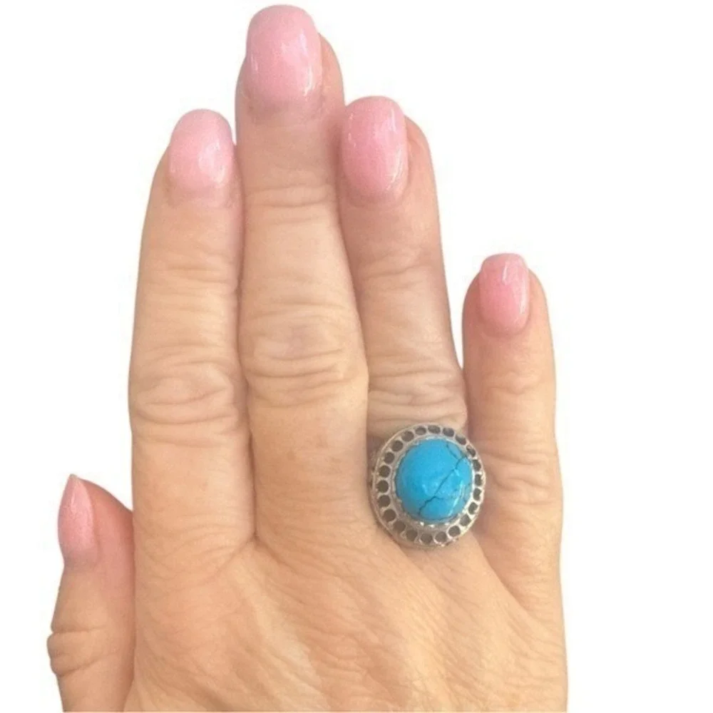 Southwestern Dyed Howlite Turquoise Statement‎ Ring Sterling Silver Filigree